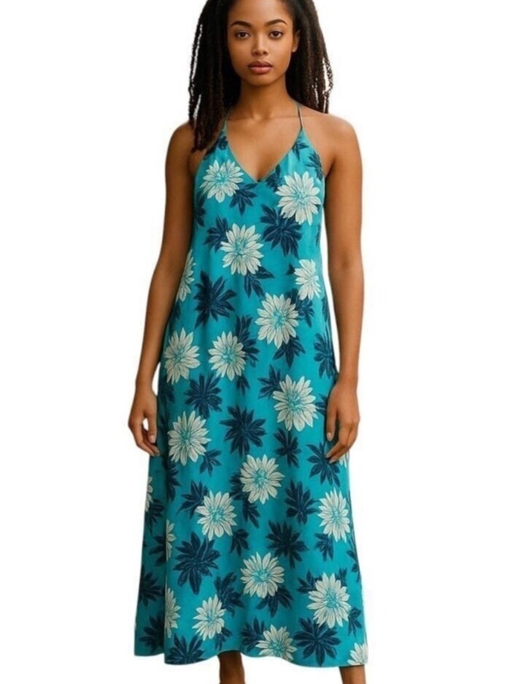 Loft Womens Floral Racerback Halter Turquoise Maxi A-Line Dress Size 8 Lined